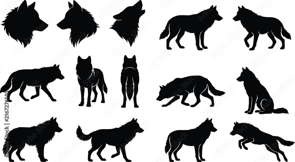 Obraz premium Wolf Silhouette Vector Collection with Howling and Running Poses Isolated on White Background