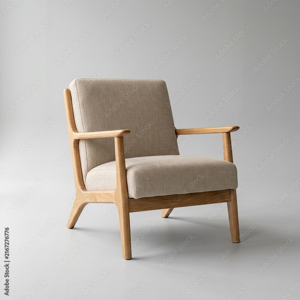 Obraz premium Modern armchair with textured beige upholstery and carved wooden frame on grey background