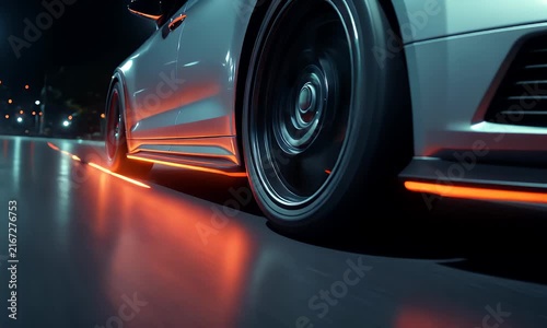 Sleek Sports Car with Neon Underglow on City Street at Night.
