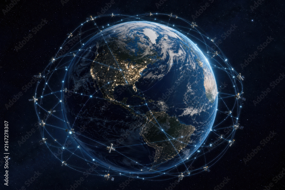 Naklejka premium Planet Earth satellite network global communication space technology digital connection