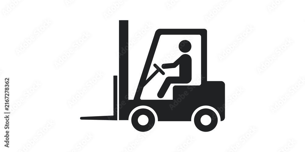Fototapeta premium Forklift truck black icon with operator, representing industrial transportation and warehouse logistics.