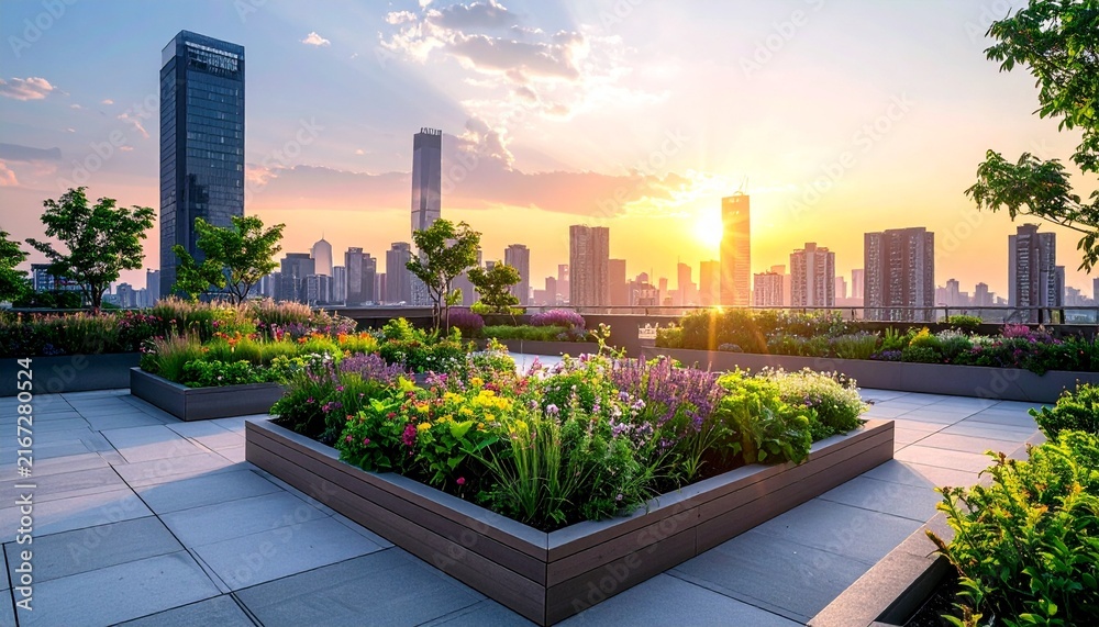 Fototapeta premium Beautiful rooftop garden terrace with colorful flowers and lush plants overlooking a modern city skyline during a stunning golden sunset view.