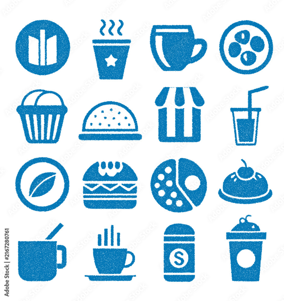 Fototapeta premium Collection of blue food and beverage symbols featuring coffee and burgers for restaurant menu or cafe graphic designs.