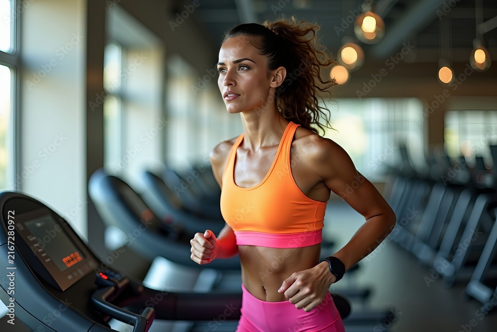 Fototapeta premium Driven and Determined: A Woman in Bright Athletic Wear Powers Through Her Treadmill Workout