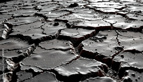 The image depicts a close up view of a dry, cracked surface, resembling parched earth or mud that has separated into irregular, jagged pieces