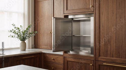 A custom wood integrated kitchen dumbwaiter unit installed in a luxury home with stone countertops and elegant cabinetry in a modern interior setting