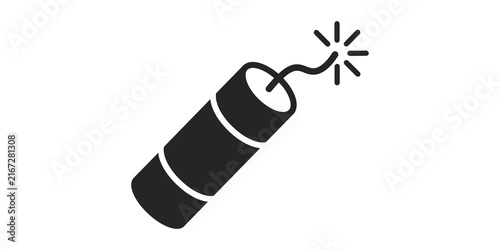 Fototapeta Dynamite stick icon with burning fuse in solid black style for explosive or danger warning design elements.