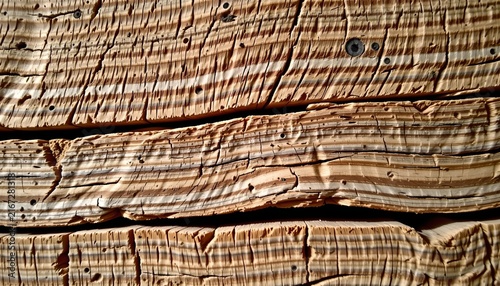 The image features a close up of a weathered wooden surface with visible grain patterns and cracks