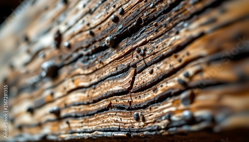 The image depicts a close up view of a weathered wooden surface, highlighting the texture and intricate patterns formed by the grain and cracks