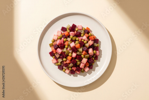 Traditional Russian Vinaigrette Salad with Beetroot and Peas