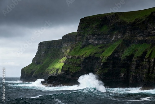 Rugged coastal cliffs with crashing waves under a stormy sky