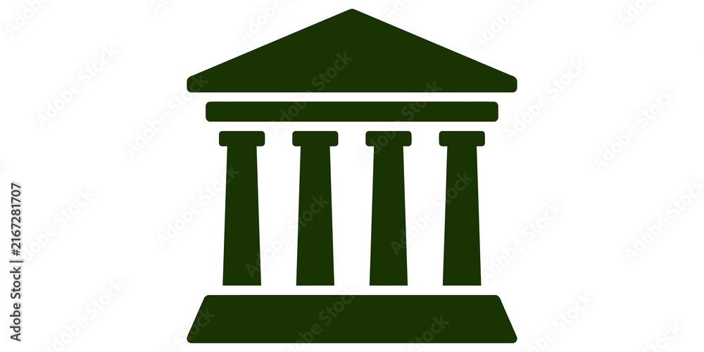 Naklejka premium Dark green bank building icon silhouette for financial institution branding.