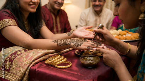 Artist applying traditional henna mehndi design onto woman hands carefully