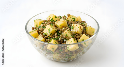 Abgekühlter Kartoffelsalat mit grünen Linsen auf Weiß