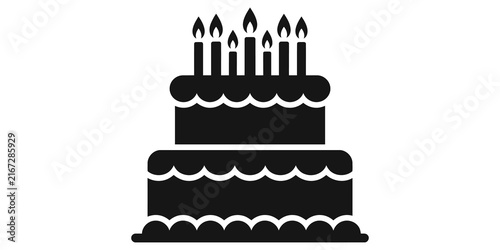 Canvas Print Black two tier birthday cake with lit candles icon.