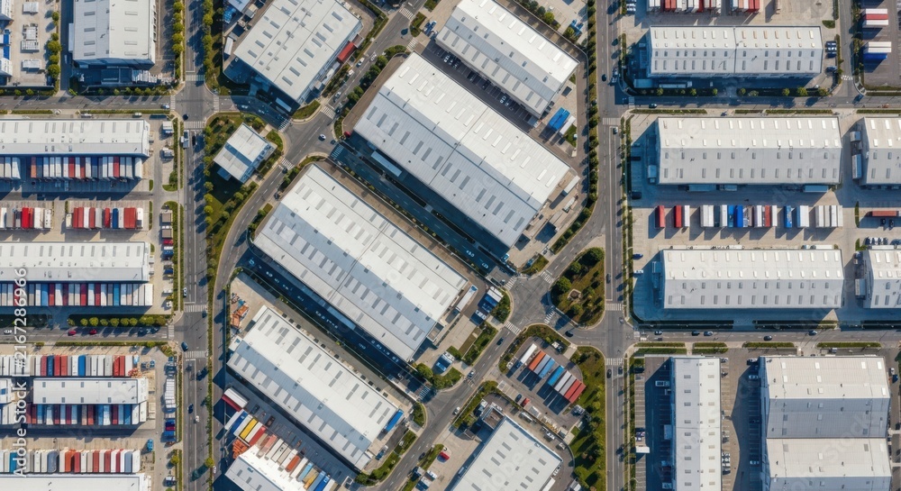 Obraz premium Expansive Urban Logistics District with Warehouses and Distribution Centers from Aerial View