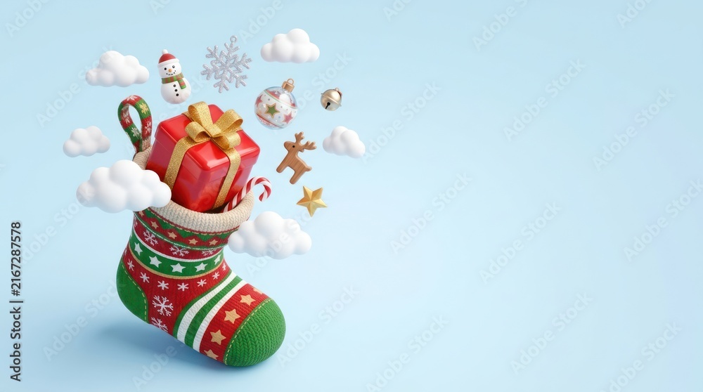 Naklejka premium Christmas Stocking with Gift Box and Floating Ornaments