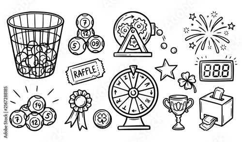 Lottery Balls Tickets and Chance Game Symbols Hand Drawn Vector Collection