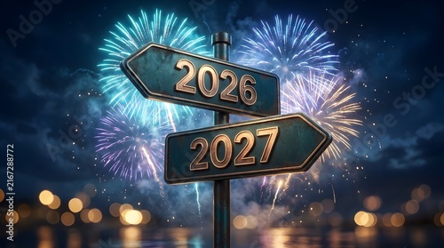 2026 to 2027 New Year transition signpost with festive fireworks background