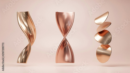 Three panel collage of floating metallic rose gold abstract sculptural on pink