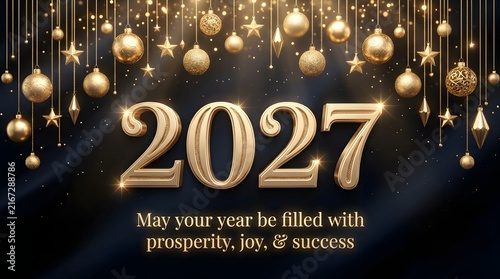 2027 New Year luxury greeting card with gold typography and hanging ornaments on dark background