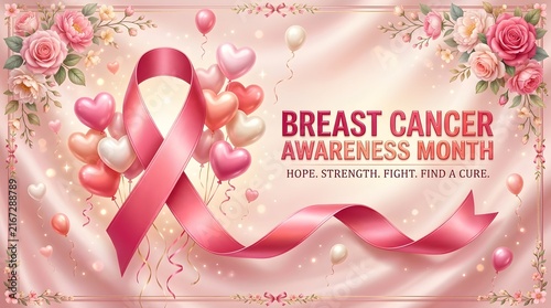 Breast Cancer Awareness Month design with pink ribbon, heart balloons, and roses