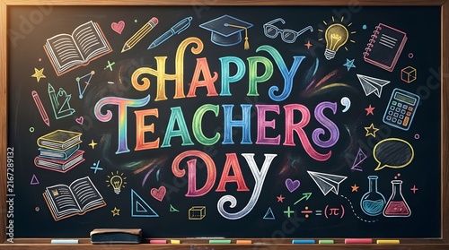 Happy Teachers Day colorful chalkboard typography design with school elements