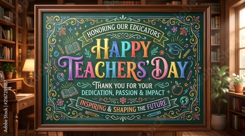 Happy Teachers Day colorful chalkboard typography design with inspiring quotes and floral decorations