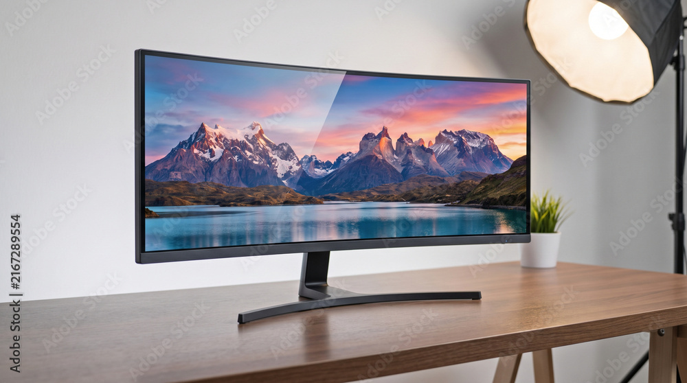 Fototapeta premium Professional curved ultrawide desktop computer monitor workstation