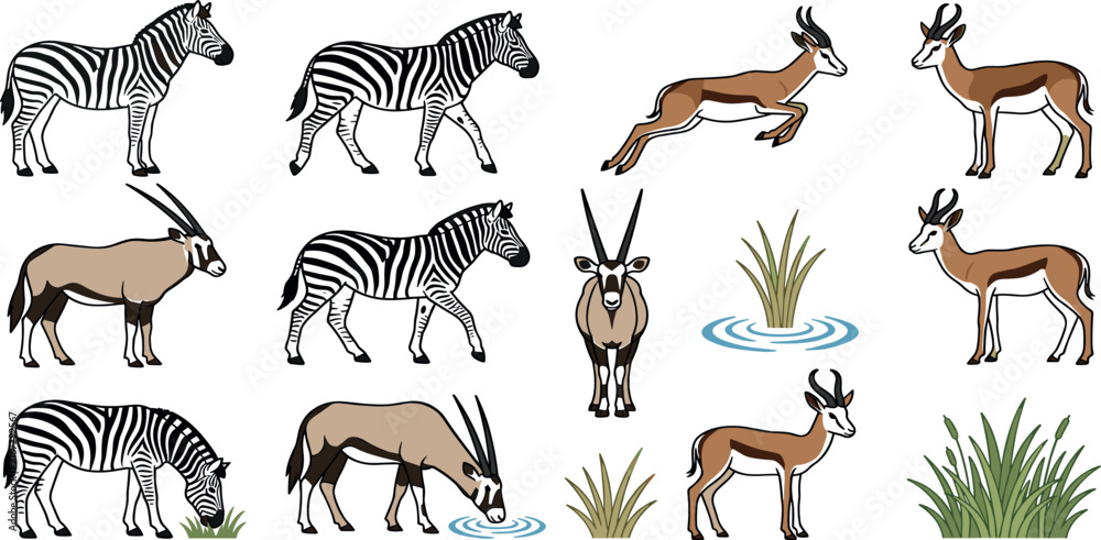 Fototapeta premium African wildlife animals vector collection featuring zebras gazelles oryx antelopes and savanna grass isolated elements