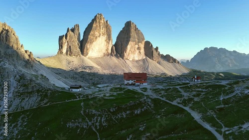Drone View of Tre Cime Peaks at Sunrise
