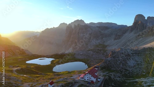 Forward Drone Flight Over Laghi dei Piani at Sunrise, Tre Cime
