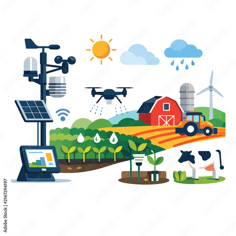 Naklejka premium Smart farming technology with drones, solar panels, and agriculture
