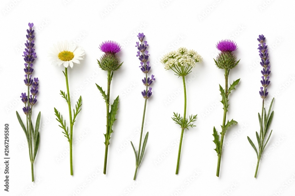 Fototapeta premium Row Of Mixed Wildflower Stems On Seamless White