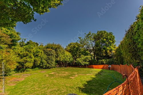 Canvas Print Lush green lawn area enclosed by vibrant trees under a clear sky at Mejiro Garde