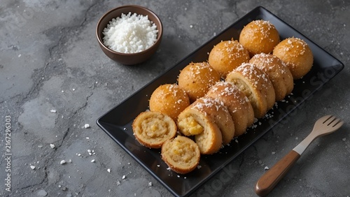 Traditional Indonesian Getuk Gulung Cassava Cake Assortment with Grated Coconut