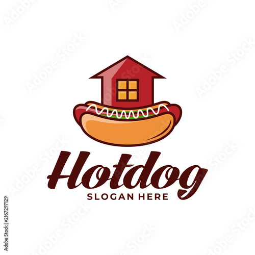 Hotdog Fast Food with House Vector Logo Illustration. Perfect for food trucks, fast food restaurants, diner menus, street food stands, delivery services, and spicy food branding.Hotdog Fast Food with 