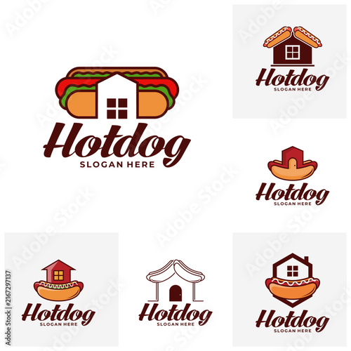 Set of Hotdog Fast Food with House Vector Logo Illustration. Perfect for food trucks, fast food restaurants, diner menus, street food stands, delivery services, and spicy food branding