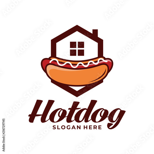 Hotdog Fast Food with House Vector Logo Illustration. Perfect for food trucks, fast food restaurants, diner menus, street food stands, delivery services, and spicy food branding.Hotdog Fast Food with 