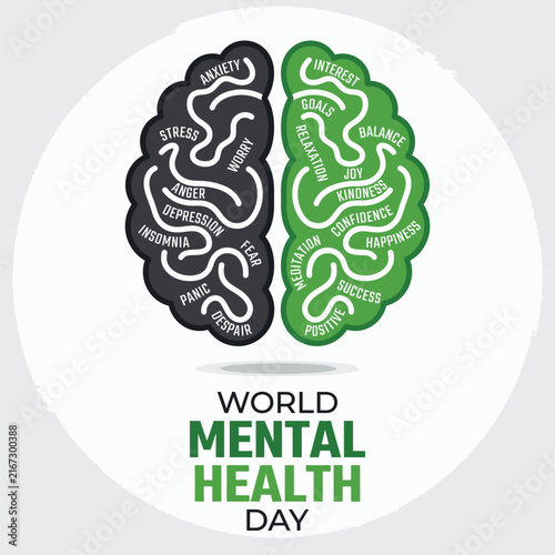 World mental health day concept with human brain illustration divided into dark and green sides representing balance and psychology Vector