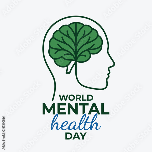 World mental health day concept with a human head outline and a green leaf shaped brain icon Vector