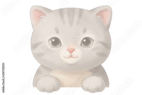 Illustration vectorielle mignonne d'un petit chaton gris tigré avec de grands yeux expressifs, posé sur un fond blanc pur, idéal pour des designs ludiques et enfantins.