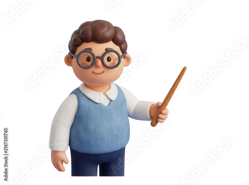 Un personnage d'enseignant en 3D portant des lunettes et tenant une baguette, idéal pour des concepts éducatifs, des présentations scolaires ou des supports de formation en ligne.