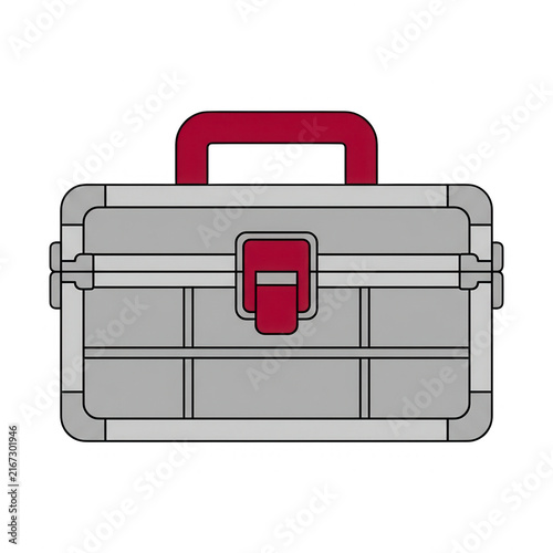 Illustration vectorielle d'une boîte à outils métallique grise avec une poignée et un loquet de verrouillage rouges, isolée sur un fond blanc pour le bricolage et la maintenance.