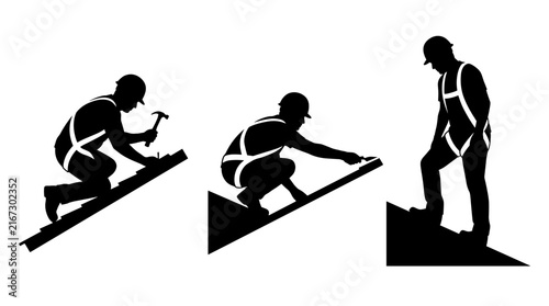 Quadro su tela Construction worker climbing and fixing roof Vector