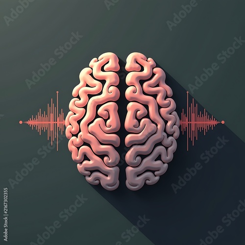 Human brain model with audio sound waves on dark background