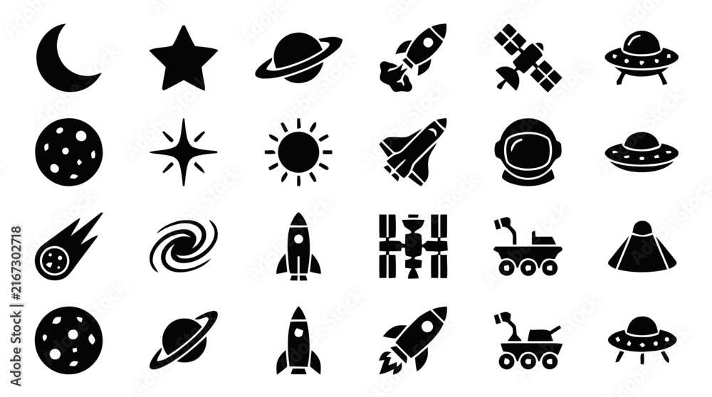 Obraz premium Vector illustration of set of space icons, on a transparent background