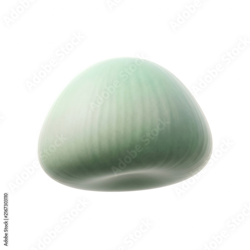 Un mochi japonais traditionnel à la saveur de thé vert matcha, présenté sur un fond blanc pur, mettant en valeur sa texture douce, lisse et légèrement striée en gros plan.