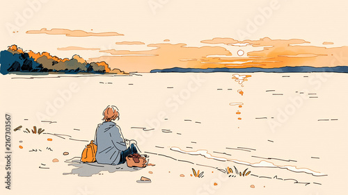 Obraz w ramie 海に沈む夕日を眺めながら楽しむ人物のイラスト