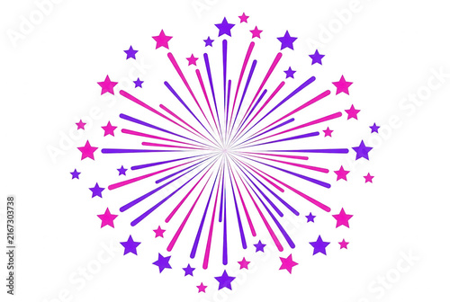 Illustration vectorielle d'un feu d'artifice stylisé avec des étoiles roses et violettes éclatant sur un fond blanc isolé, idéal pour les célébrations et les fêtes.